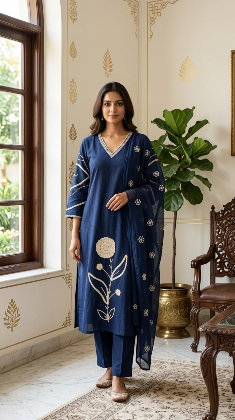 Women Navy Blue Lace Work Cotton Kurta Pant Dupatta Set