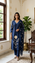 Women Navy Blue Lace Work Cotton Kurta Pant Dupatta Set