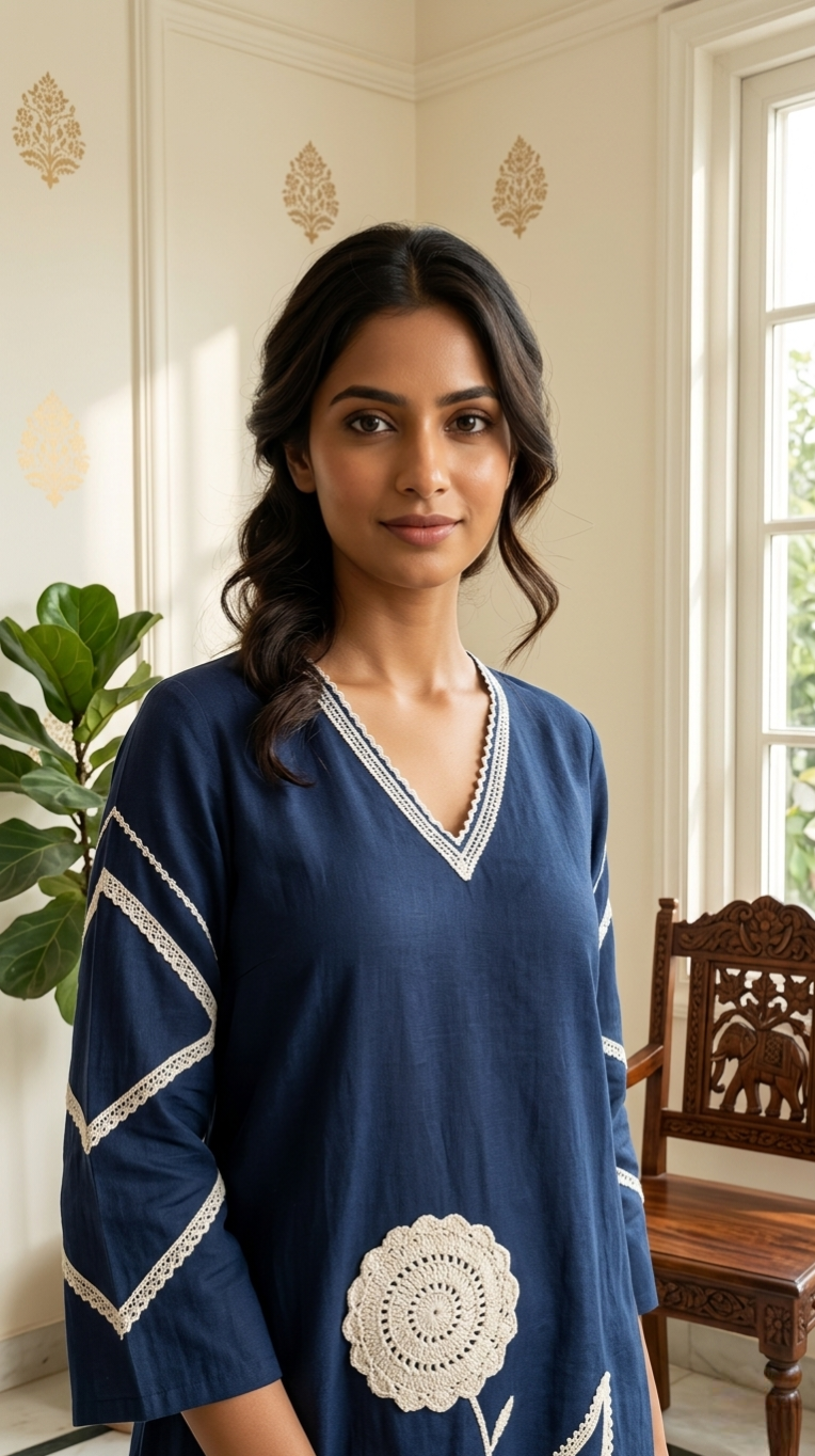 Women Navy Blue Lace Work Cotton Kurta Pant Dupatta Set