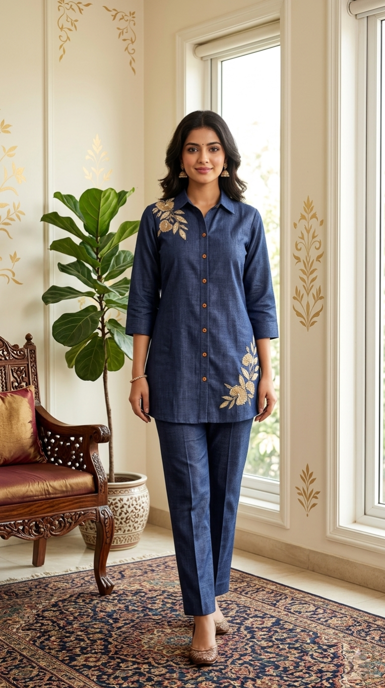 Women Navy Blue Embroidered Cotton Coord Set