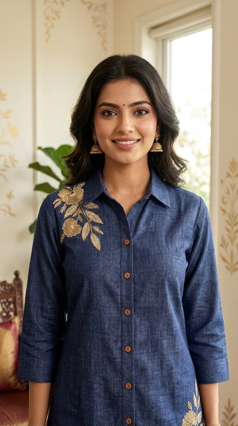 Women Navy Blue Embroidered Cotton Coord Set