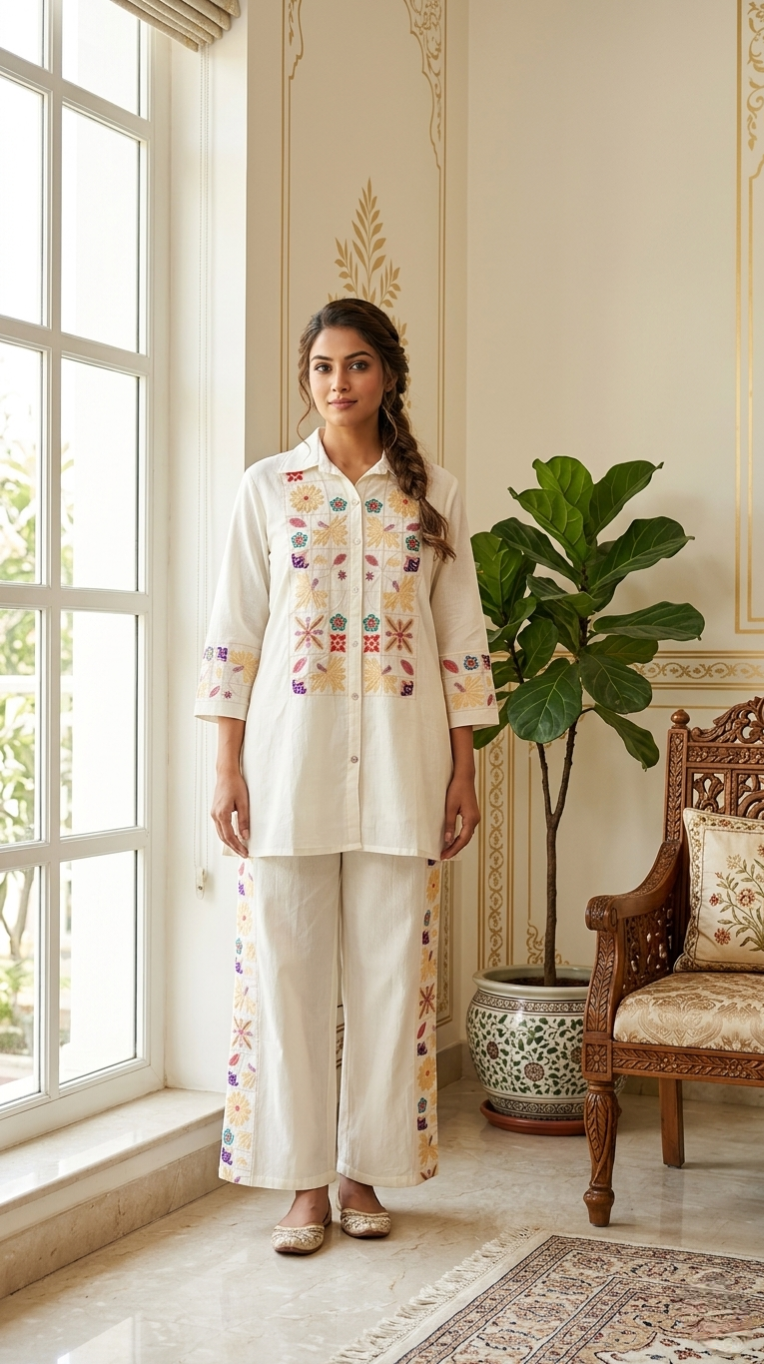 Women Off White Embroidered Cotton Coord Set
