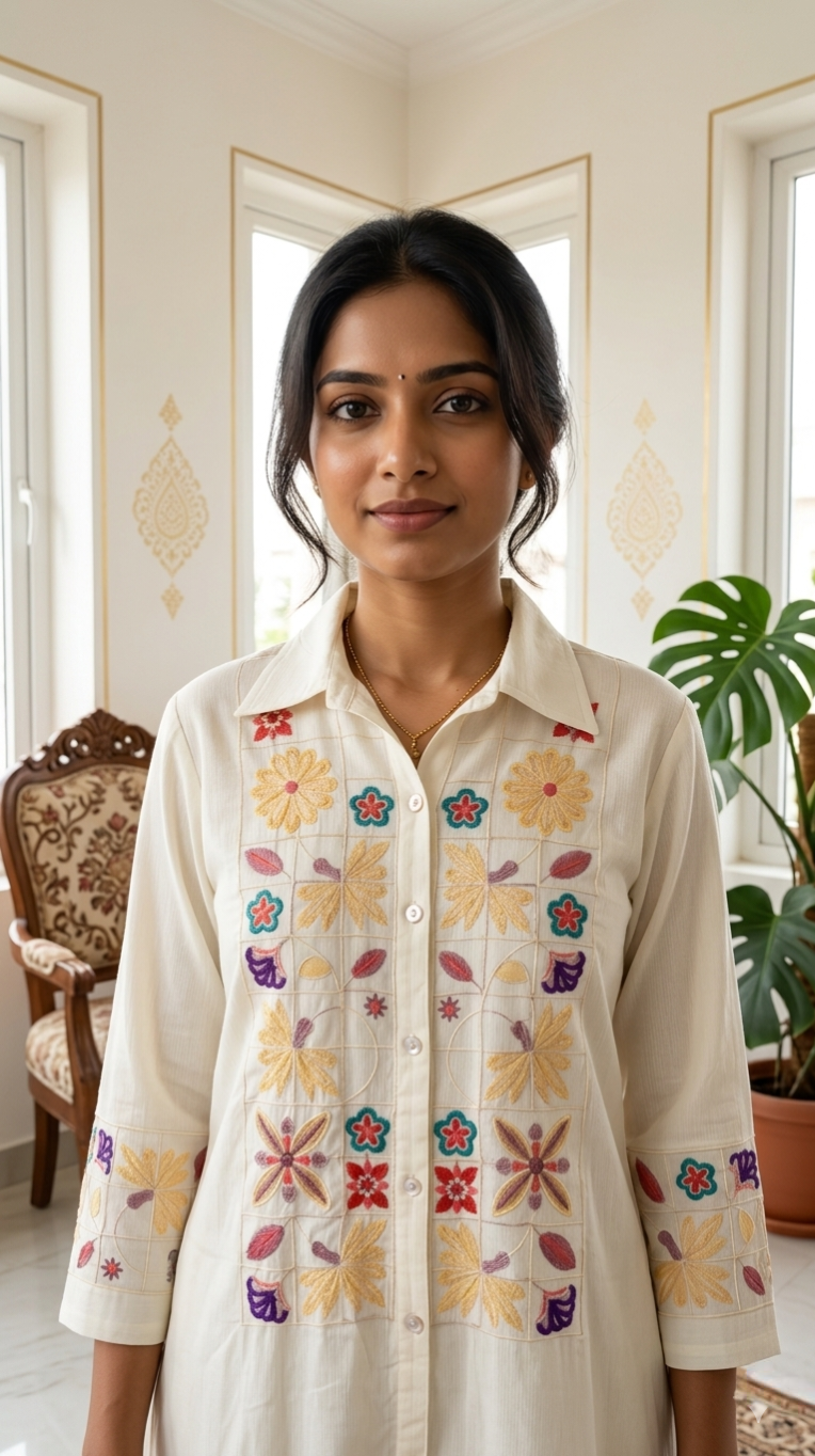 Women Off White Embroidered Cotton Coord Set