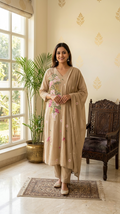 Women Light Brown Floral Embroidered Cotton Kurta Pant Dupatta Set