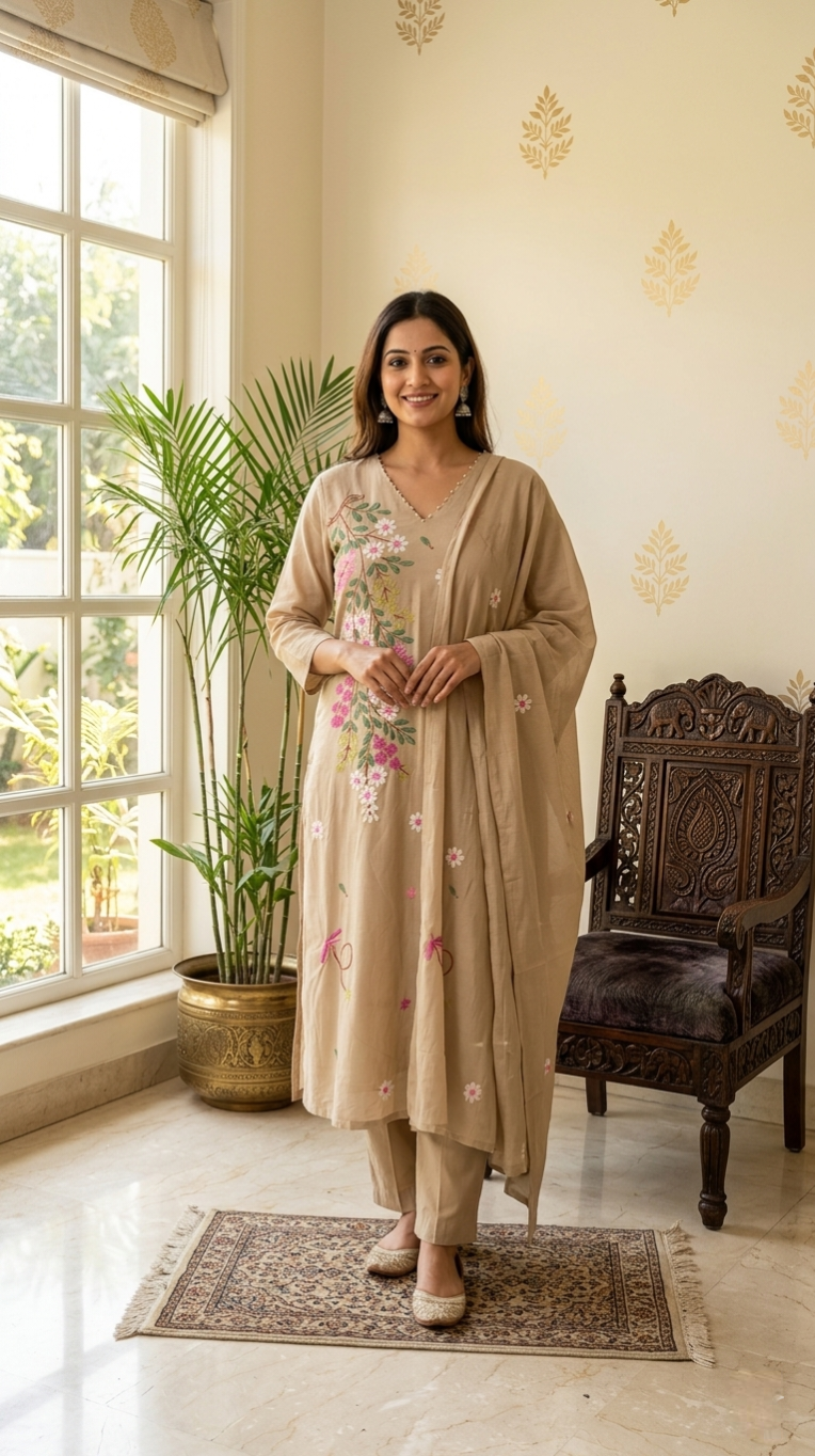 Women Light Brown Floral Embroidered Cotton Kurta Pant Dupatta Set