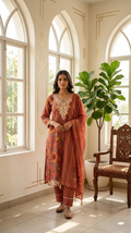 Women Rusty Rose Mirror Work With Floral Printed Cotton Kurta Pant Dupatta Set
