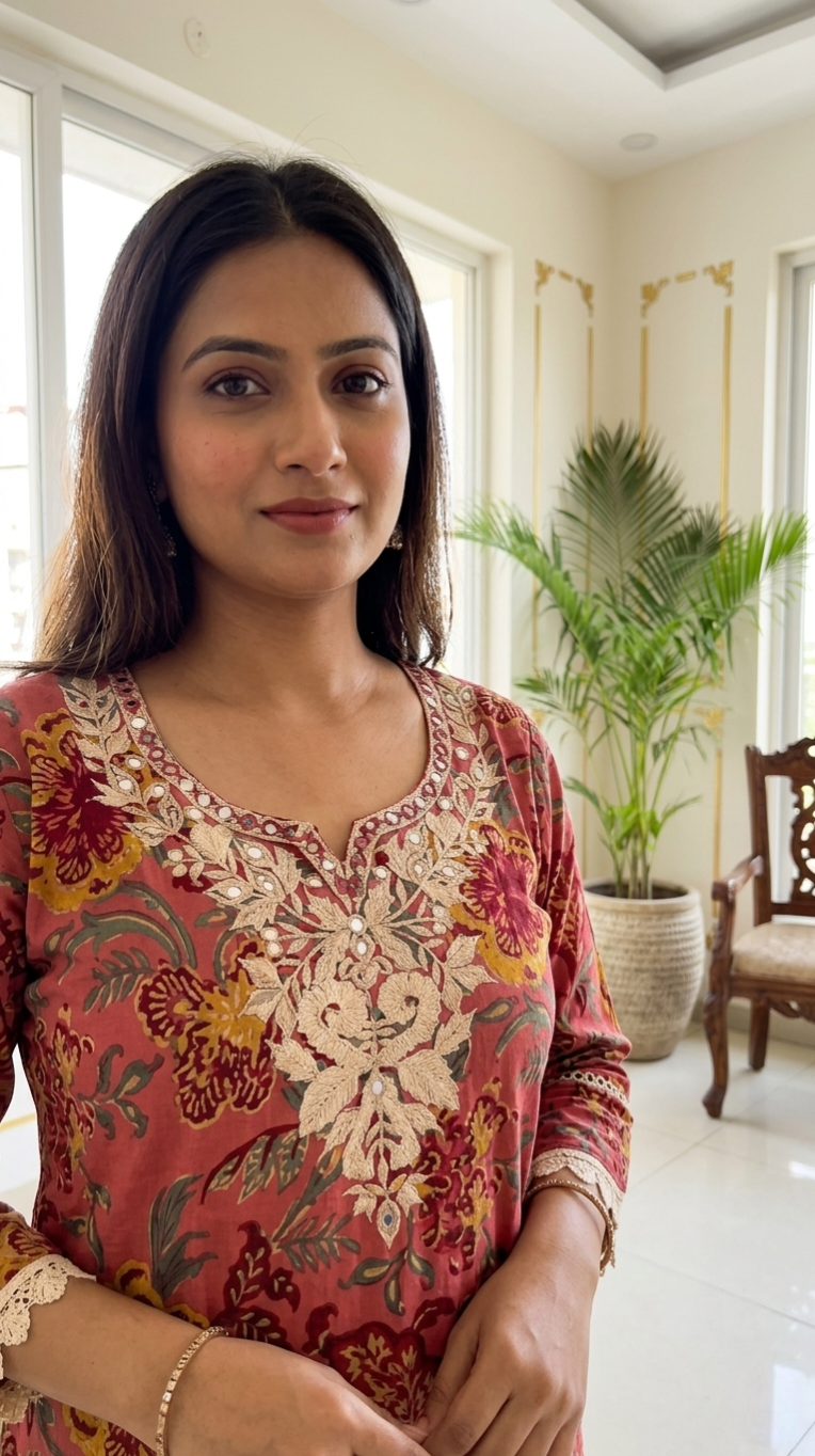 Women Rusty Rose Mirror Work With Floral Printed Cotton Kurta Pant Dupatta Set