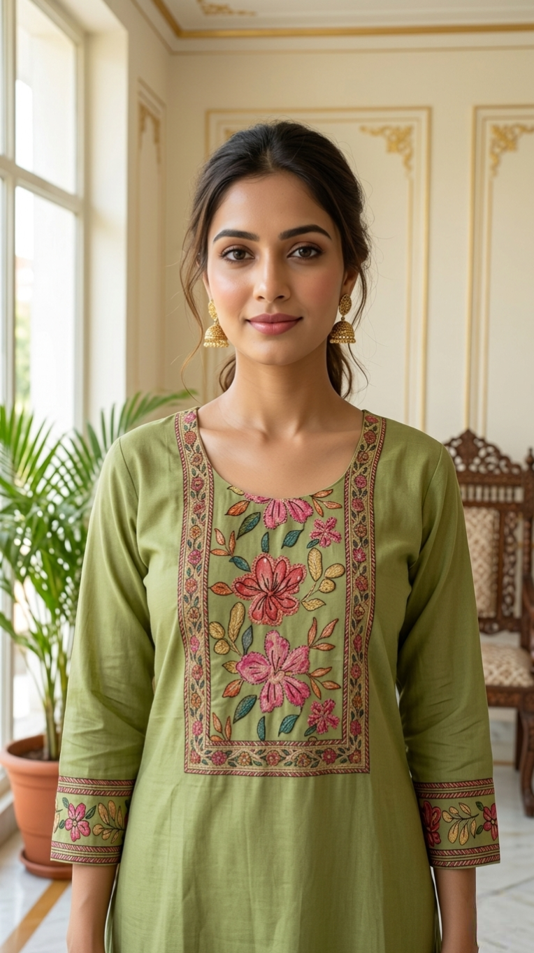 Women Lime Green Katha Stich Work Mul Cotton Kurta Pant Dupatta Set