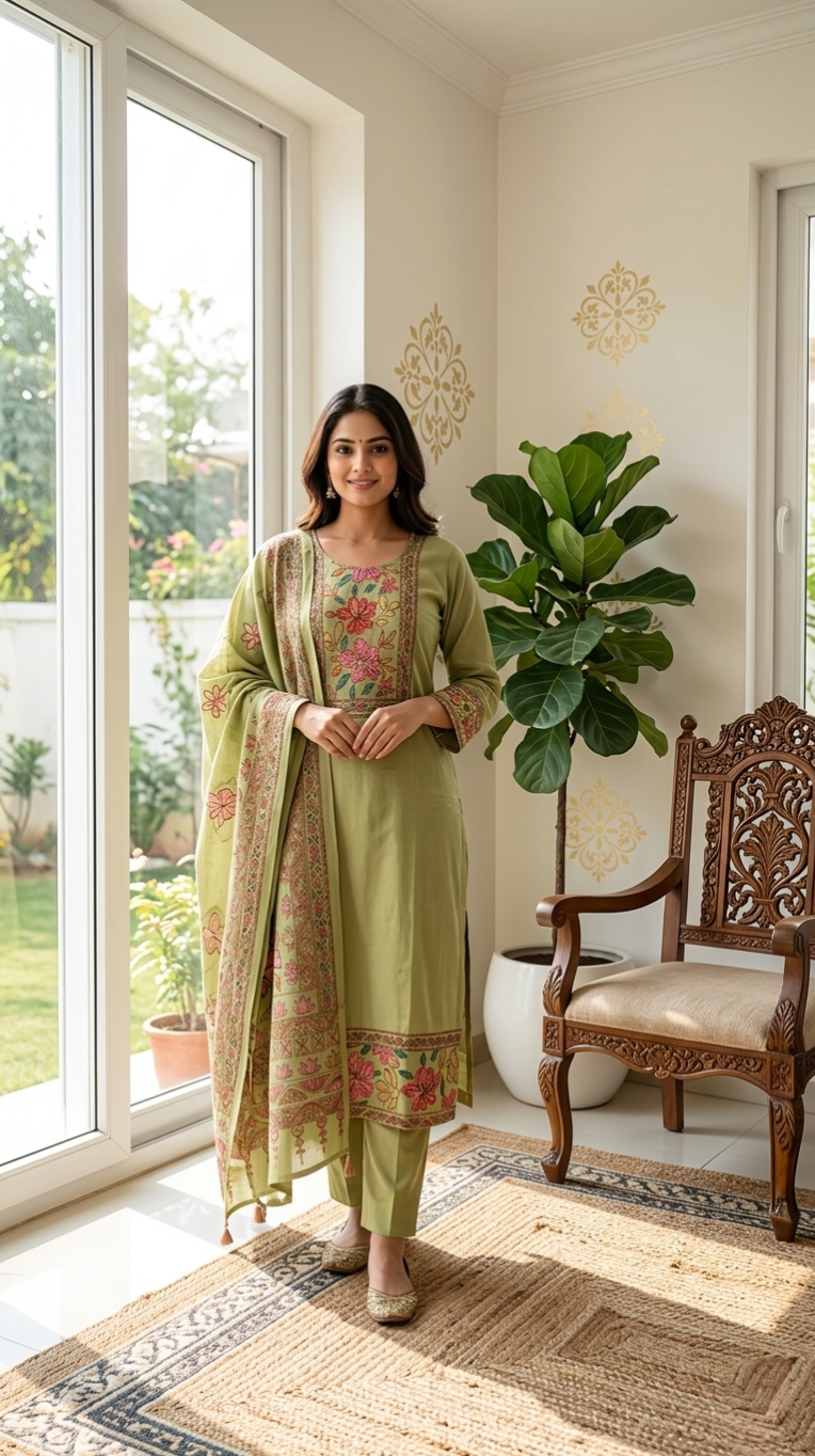 Women Lime Green Katha Stich Work Mul Cotton Kurta Pant Dupatta Set