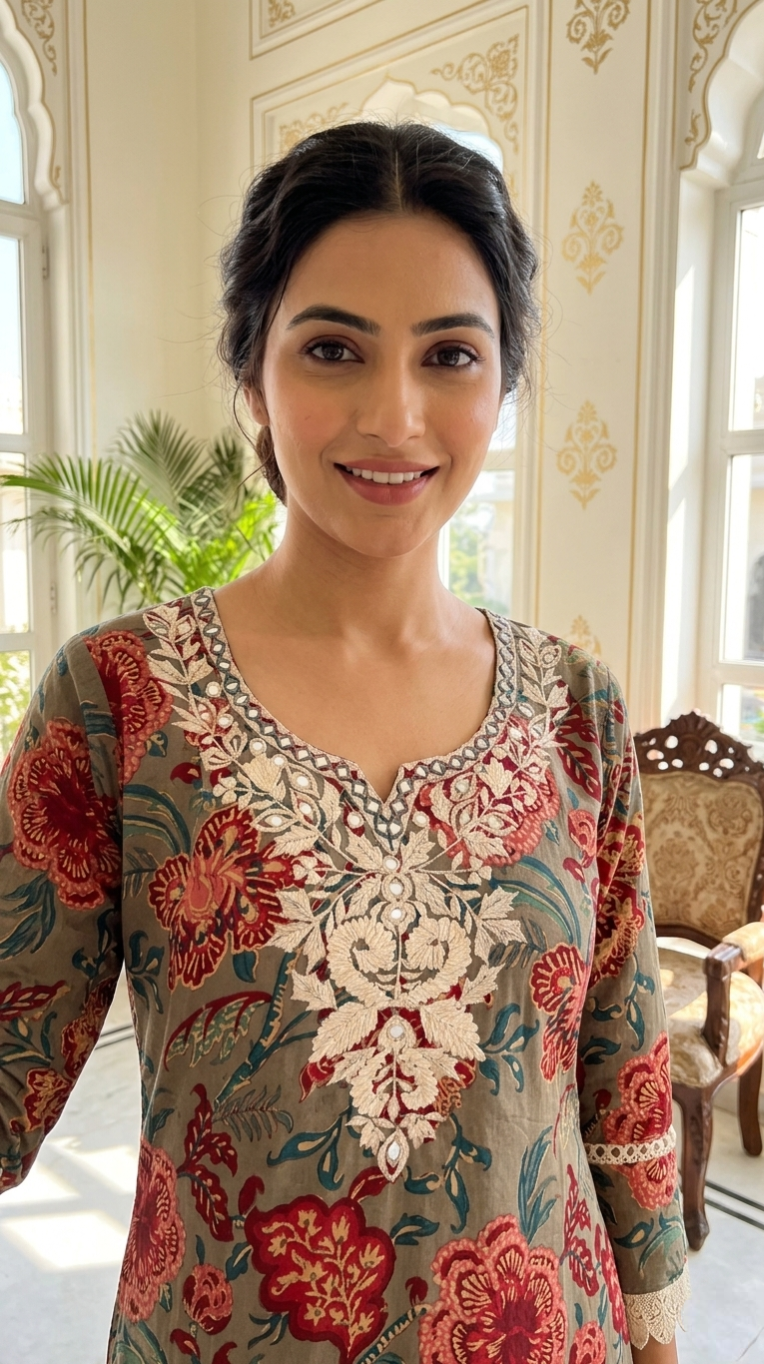 Women Grey Mirror Work With Floral Printed Cotton Kurta Pant Dupatta Set