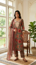 Women Grey Mirror Work With Floral Printed Cotton Kurta Pant Dupatta Set