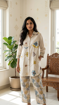 Women Beige Floral Emboidered Cotton Coord Set
