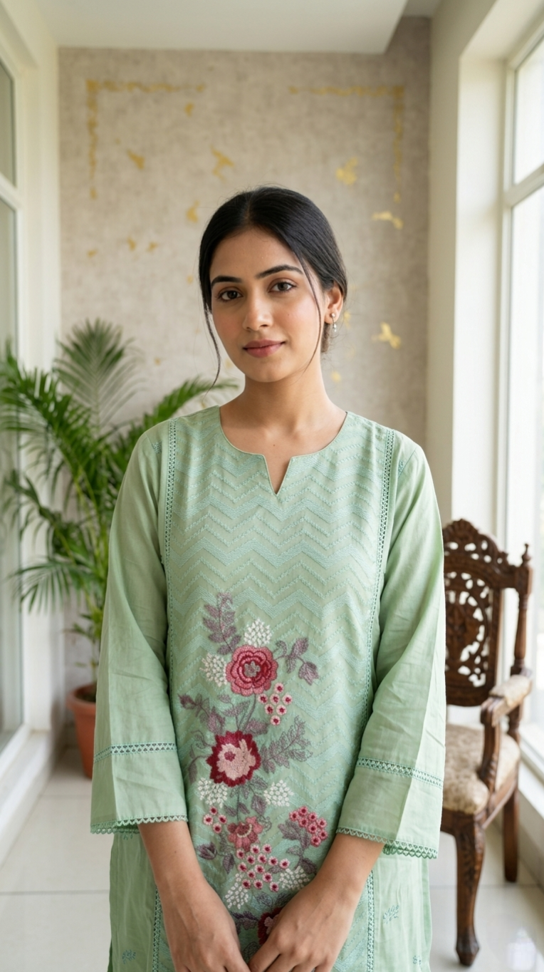 Women Pastel Green Floral Emboidered Mul Cotton Kurta Pant Dupatta Set