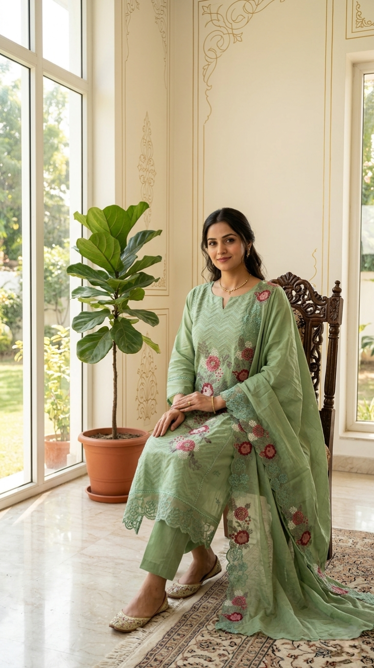 Women Pastel Green Floral Emboidered Mul Cotton Kurta Pant Dupatta Set