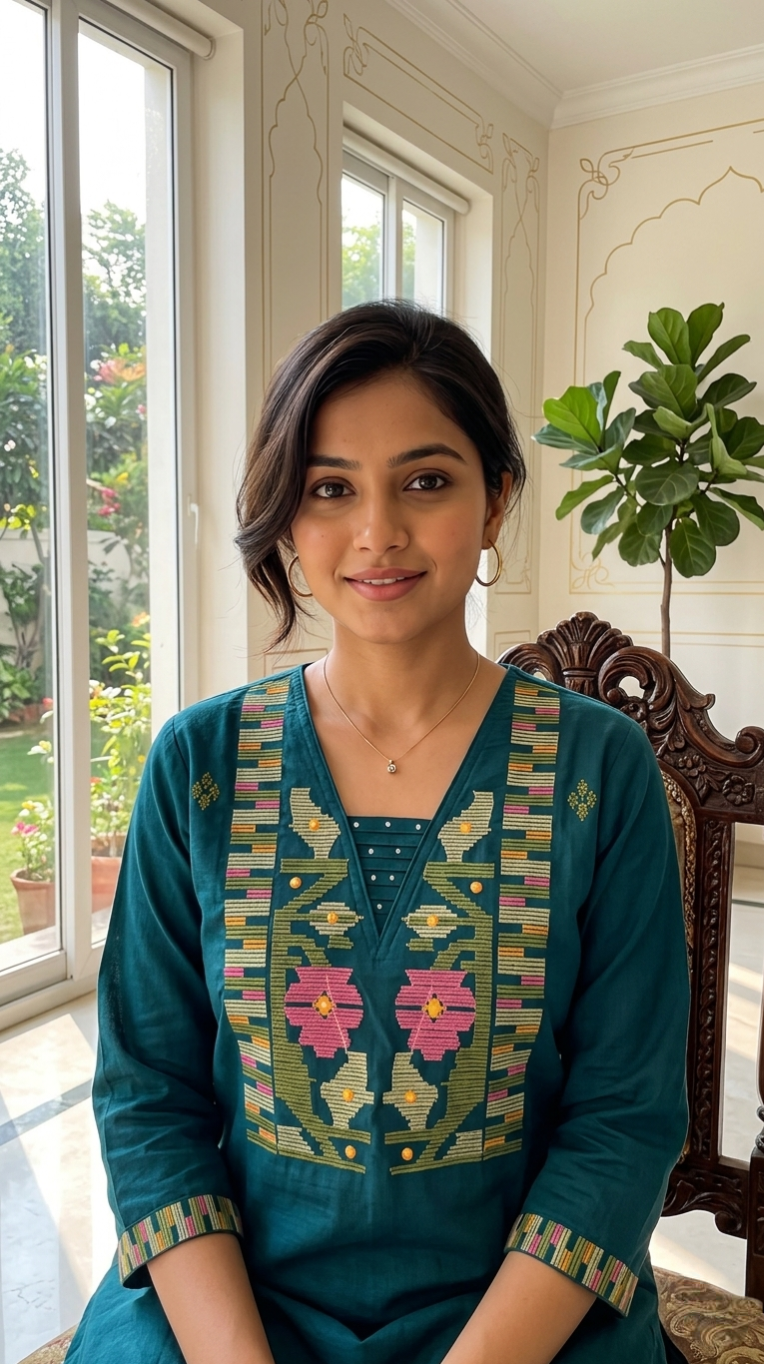 Women Green Emboidered Mul Cotton Kurta Pant Dupatta Set