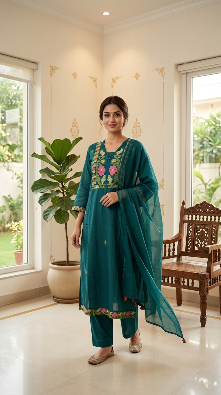 Women Green Emboidered Mul Cotton Kurta Pant Dupatta Set