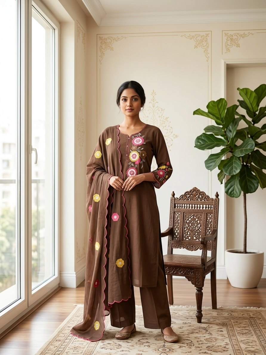 Women Brown Floral Embroidered Cotton Kurta Pant Dupatta Set