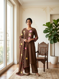 Women Brown Floral Embroidered Cotton Kurta Pant Dupatta Set