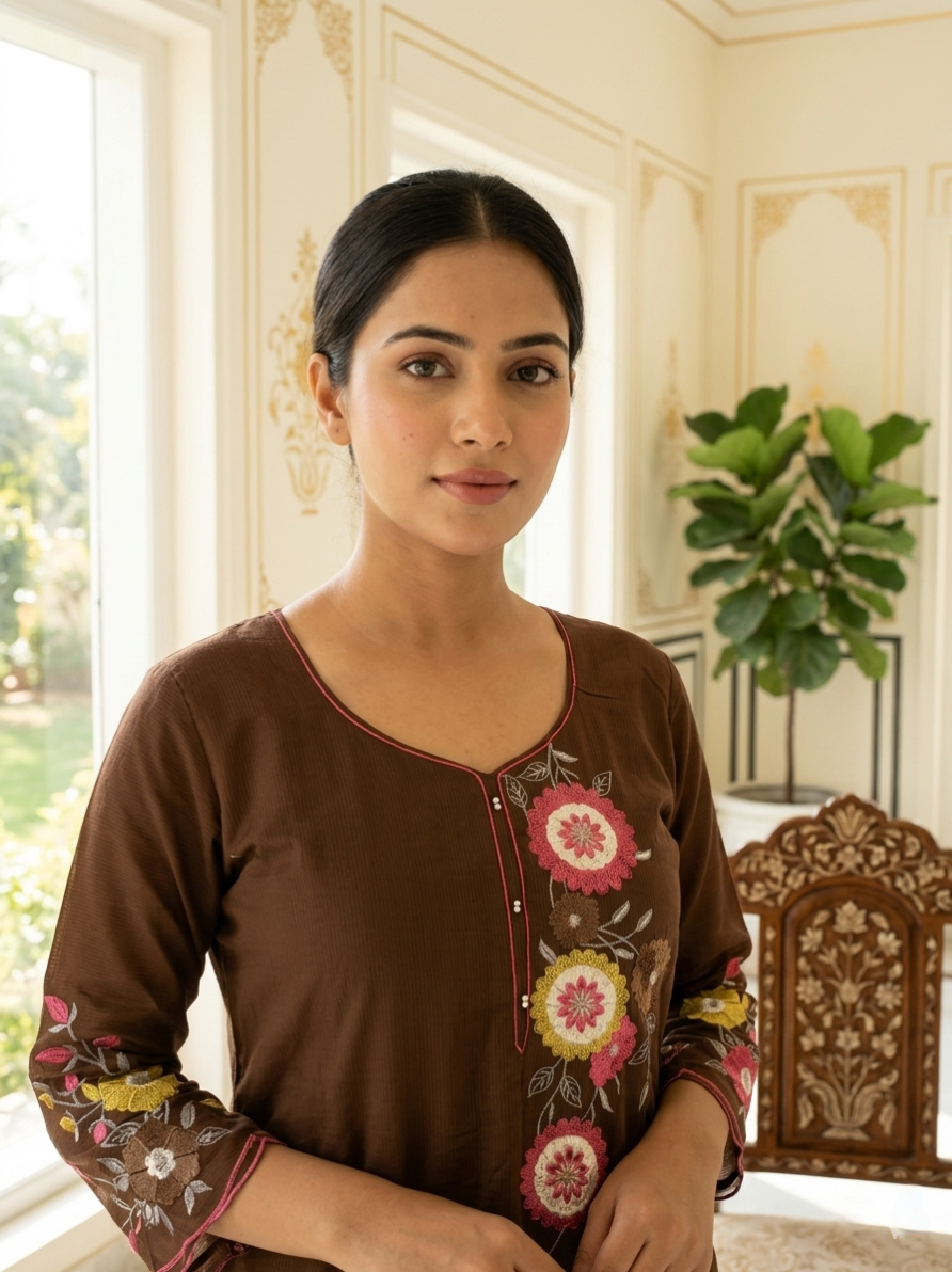 Women Brown Floral Embroidered Cotton Kurta Pant Dupatta Set