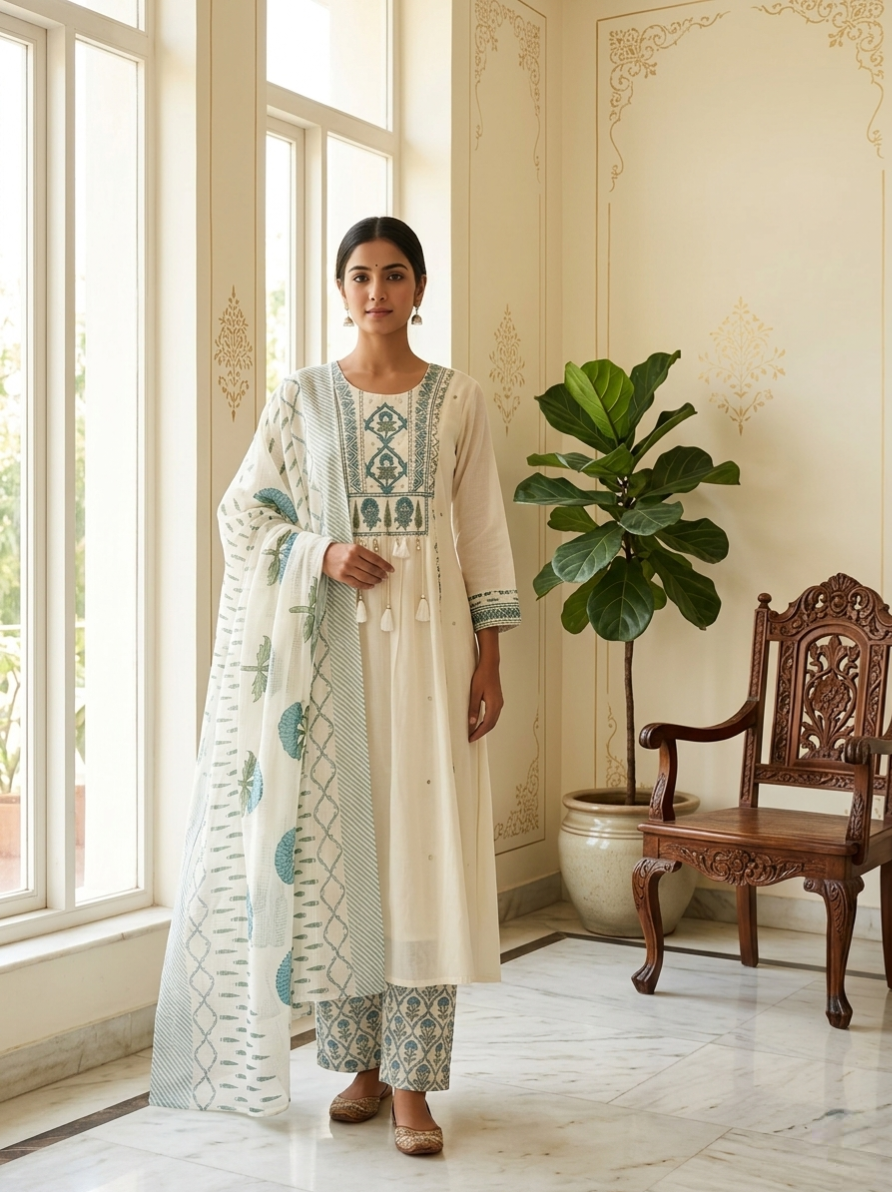 Women Off White Beads With Thread Work Cotton Kurta Pant Dupatta Set
