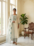 Women Off White Beads With Thread Work Cotton Kurta Pant Dupatta Set