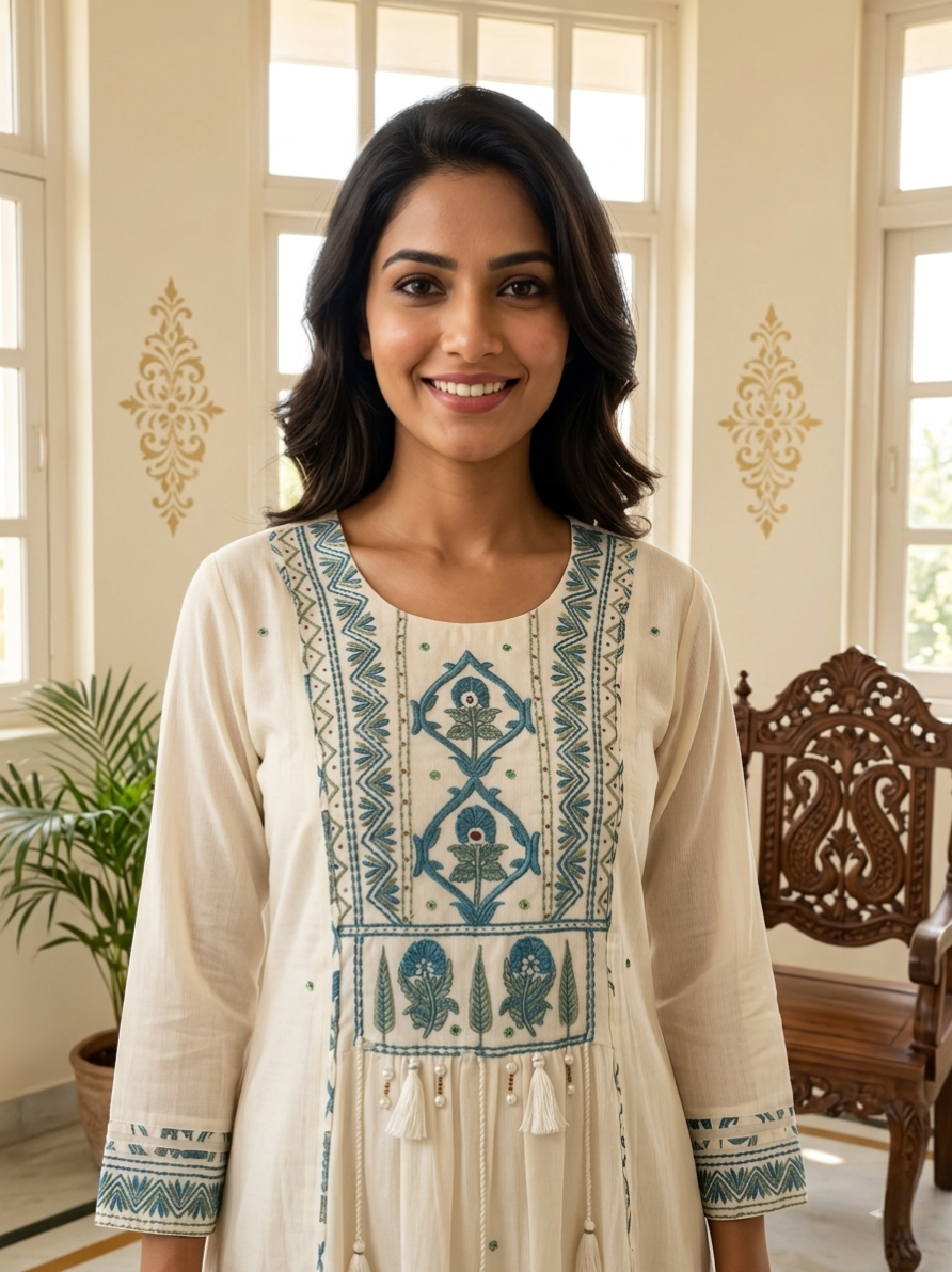 Women Off White Beads With Thread Work Cotton Kurta Pant Dupatta Set