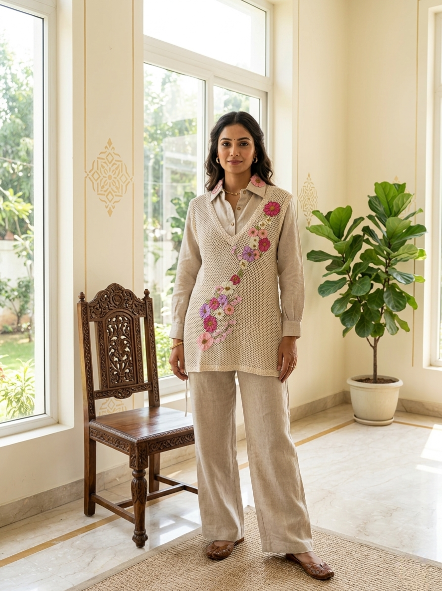 Women Light Brown Applique Work Jute Cotton Coord Set