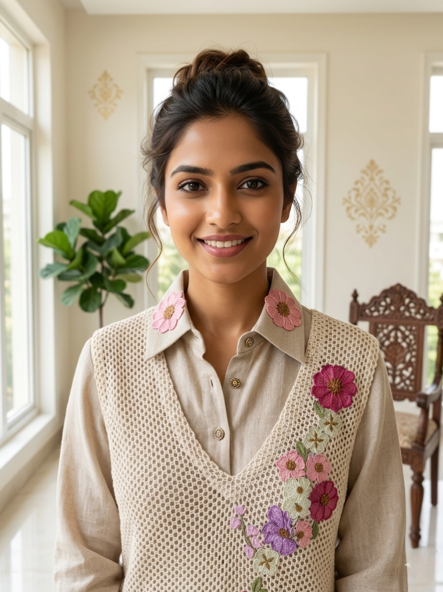 Women Light Brown Applique Work Jute Cotton Coord Set