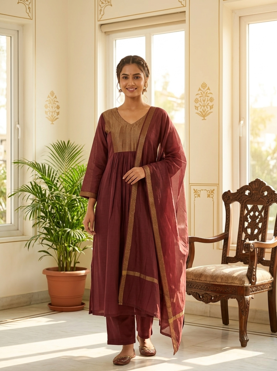 Women Brown Embroidered Cotton Kurta Pant Dupatta Set