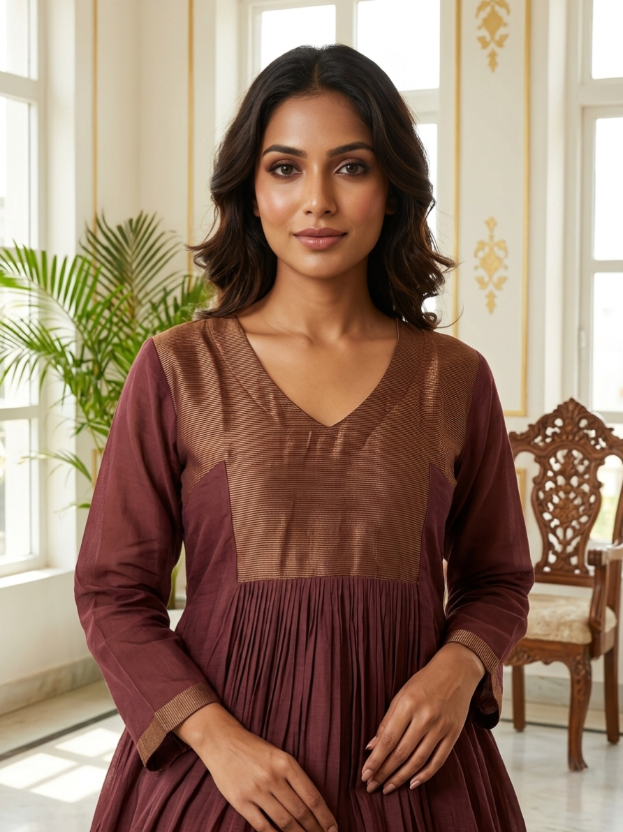 Women Brown Embroidered Cotton Kurta Pant Dupatta Set