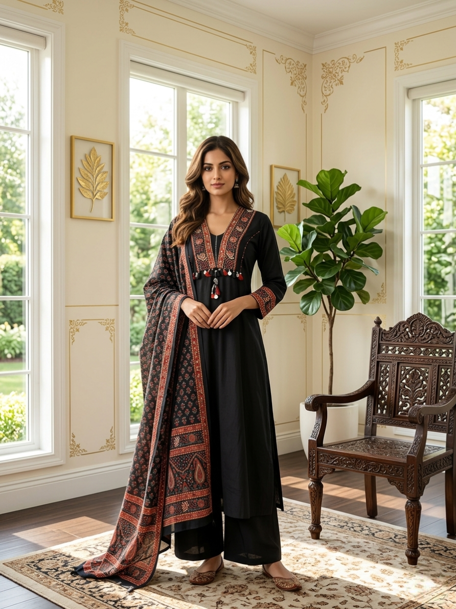 Women Black Floral Embroidery Anarkali Kurta Pant Dupatta Set