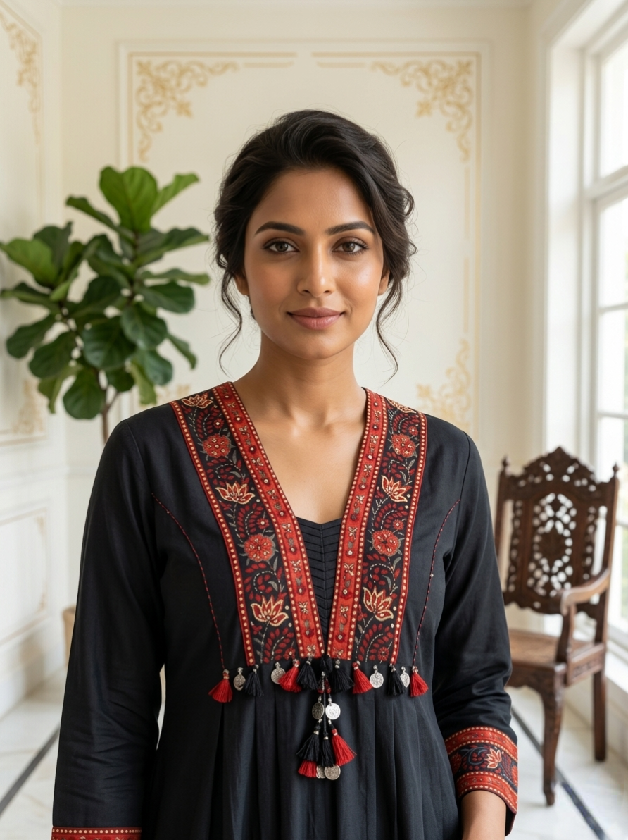Women Black Floral Embroidery Anarkali Kurta Pant Dupatta Set