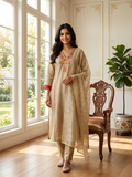 Women Beige Floral Embroidery With Sequin Work Cotton Linen Kurta Pant Dupatta Set
