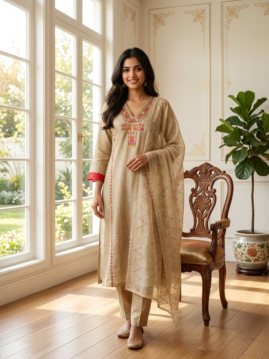 Women Beige Floral Embroidery With Sequin Work Cotton Linen Kurta Pant Dupatta Set