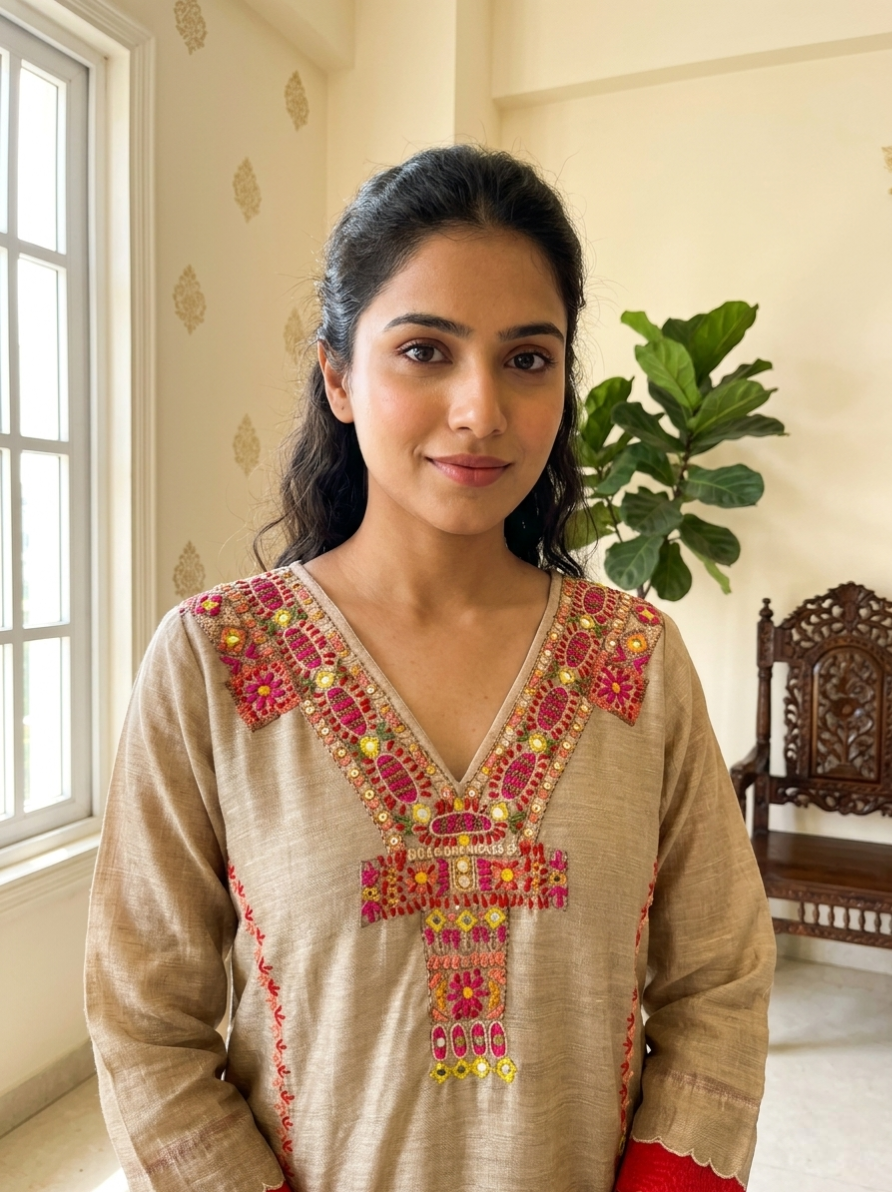 Women Beige Floral Embroidery With Sequin Work Cotton Linen Kurta Pant Dupatta Set