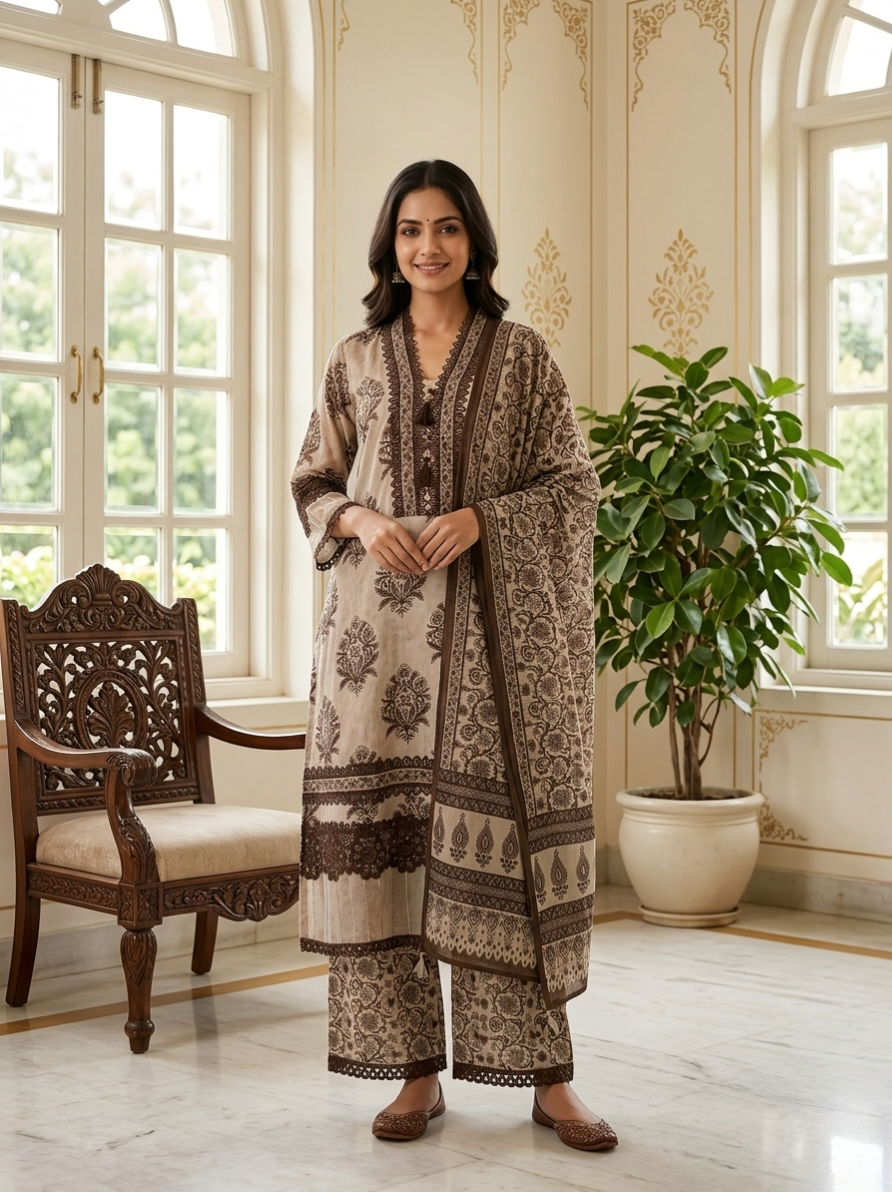Women Brown Mughal Buta Block Print Lace Work Cotton Kurta Palazzo Dupatta Set
