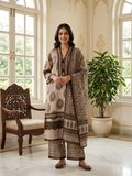 Women Brown Mughal Buta Block Print Lace Work Cotton Kurta Palazzo Dupatta Set