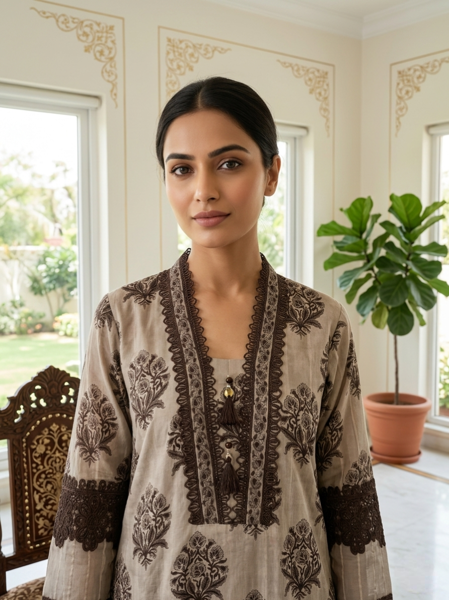 Women Brown Mughal Buta Block Print Lace Work Cotton Kurta Palazzo Dupatta Set