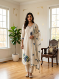 Women Beige Floral Embroidery Kanjivaram Silk Kurta Pant Dupatta Set