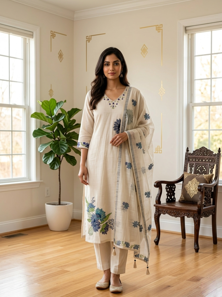 Women Beige Floral Embroidery Kanjivaram Silk Kurta Pant Dupatta Set