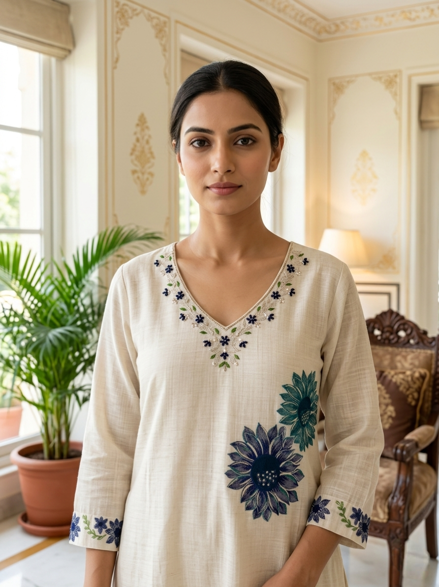 Women Beige Floral Embroidery Kanjivaram Silk Kurta Pant Dupatta Set