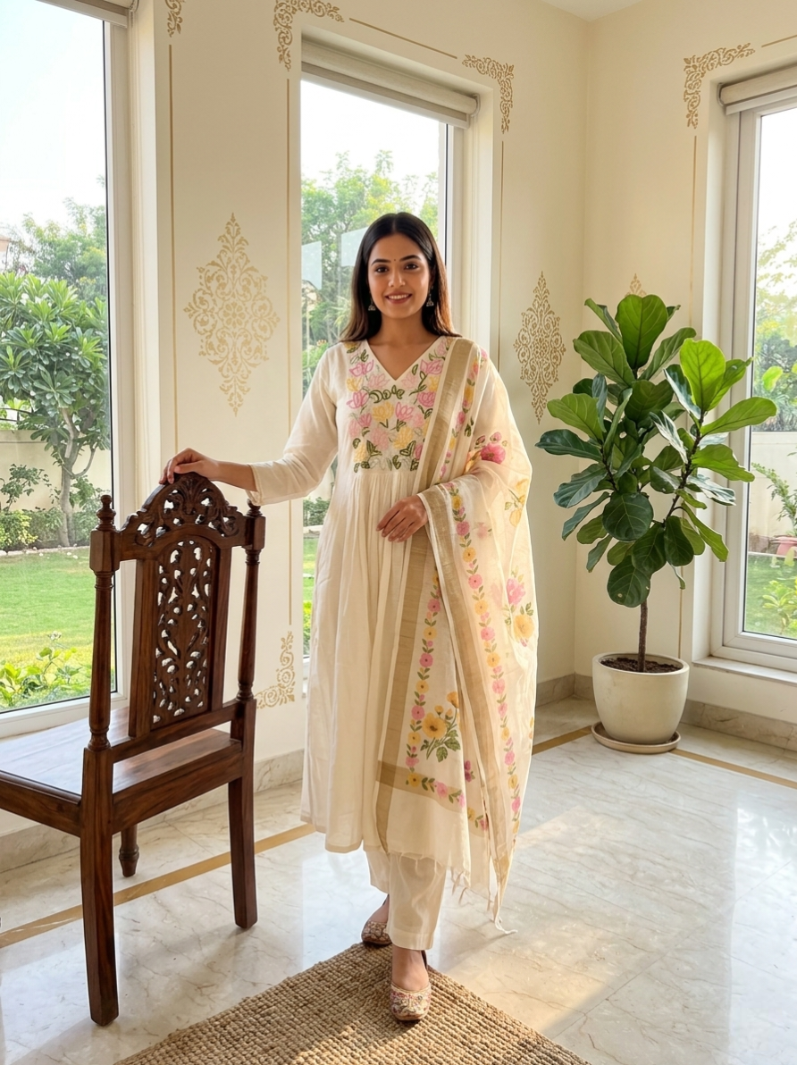 Women Off White Floral Embroidery Cotton Linen Anarkali Kurta Pant Dupatta Set