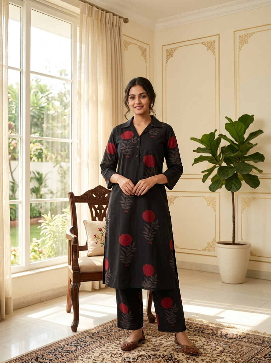 Women Black Red Floral Block Print Cotton Coord Set