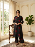 Women Black Red Floral Block Print Cotton Coord Set