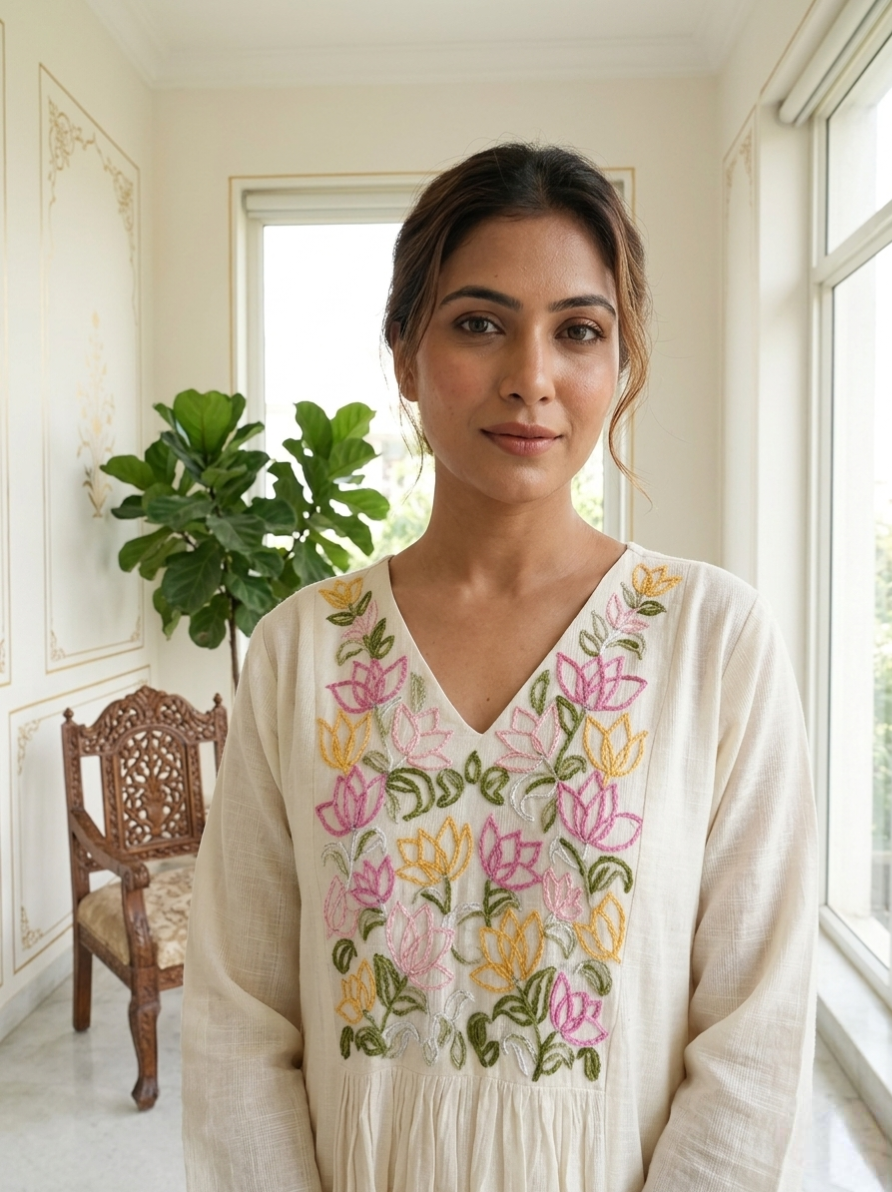 Women Off White Floral Embroidery Cotton Linen Anarkali Kurta Pant Dupatta Set