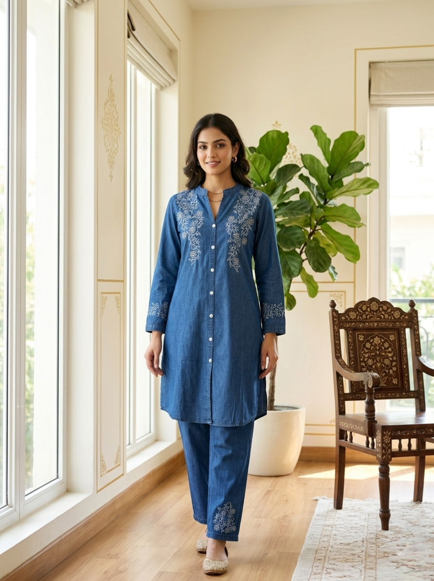 Women Denim Blue Thread Embroidery Denim Cotton Coord Set