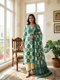 Women Off White Teal Mandala Block Print Cotton Kurta Pant Dupatta Set