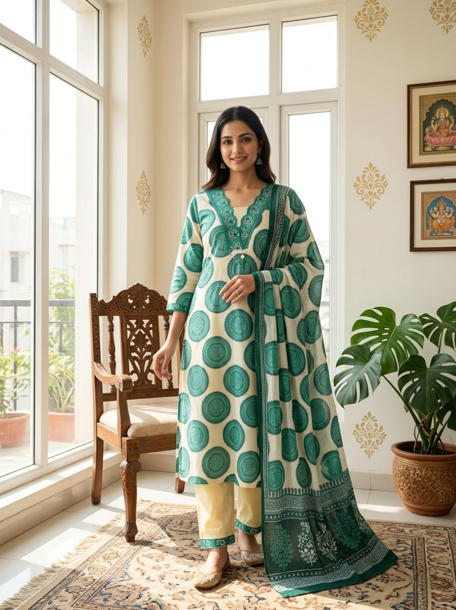 Women Off White Teal Mandala Block Print Cotton Kurta Pant Dupatta Set