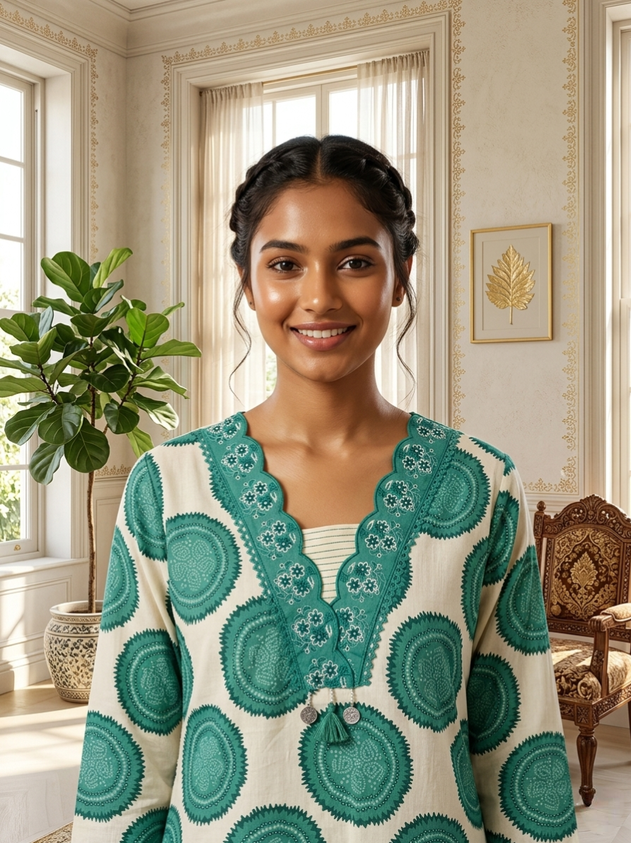 Women Off White Teal Mandala Block Print Cotton Kurta Pant Dupatta Set