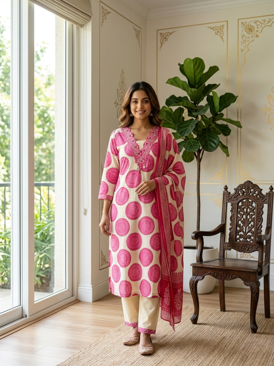 Women Off White Pink Mandala Block Print Cotton Kurta Pant Dupatta Set